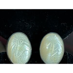 VTG Carved Mother of Pearl Sterling Silver Cufflinks Palm Tree Asian Beachy
